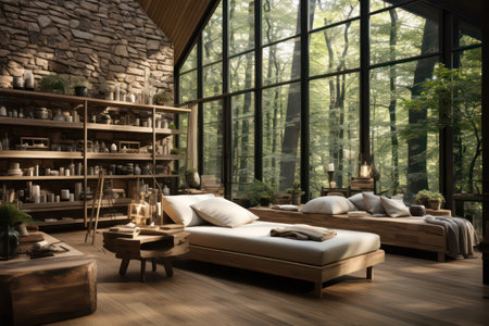 Interior design of a modern loft style living room with wooden furniture and a garden viewの素材