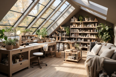 Interior of modern living room with wooden furniture and plants in potsの素材