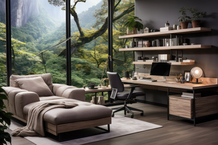 Modern living room interior design with furniture, coffee table, bookshelf and panoramic window. 3D Renderingの素材