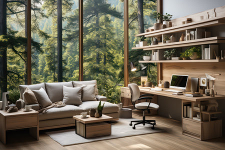 Interior of modern living room with wooden walls, carpet on the floor, wooden coffee table and bookcase. 3d renderingの素材