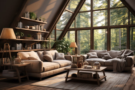Interior of modern living room with brown sofa, bookshelf, coffee table and window. 3d renderingの素材