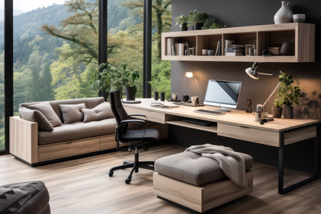 Interior of modern living room with wooden walls, wooden floor, comfortable brown sofa and computer desk. 3d renderingの素材