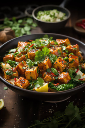 Fried Tofu in a bowl with coriander leaves and lemonの素材