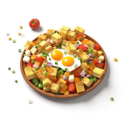 Fried egg with vegetables in wooden bowl isolated on white background. 3d illustrationの素材