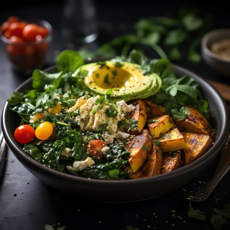Healthy salad with spinach, avocado, baked potato and cream cheeseの素材
