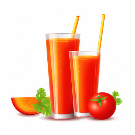 Glasses of fresh tomato juice with parsley and tomatoes on white backgroundの素材