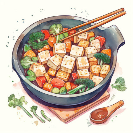 Illustration of tofu in a pan with chopsticks and vegetables.の素材