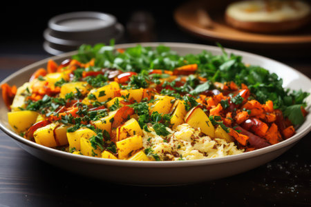Omelette with baked sweet potato, carrot, parsley and herbsの素材