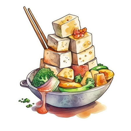 Watercolor illustration of a bowl of tofu with vegetables and sauce.の素材