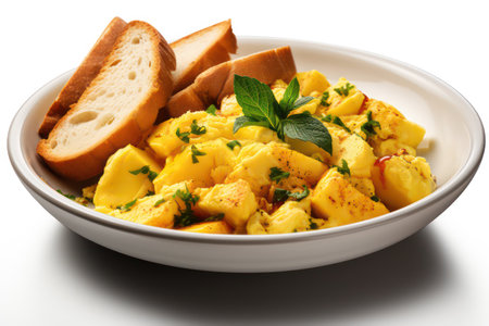 Bowl of scrambled eggs garnished with parsley and bread slicesの素材