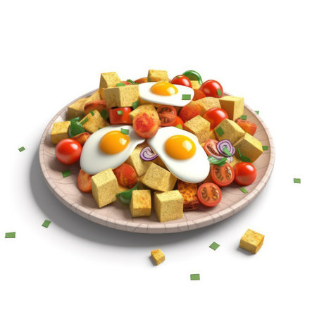 Fried eggs and vegetables in plate isolated on white background. 3d illustrationの素材
