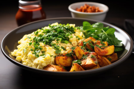 Scrambled eggs with potatoes and fresh herbs on a black plateの素材