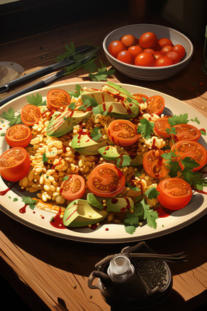 Vegetable salad with tomato, avocado and cashew nuts on plateの素材