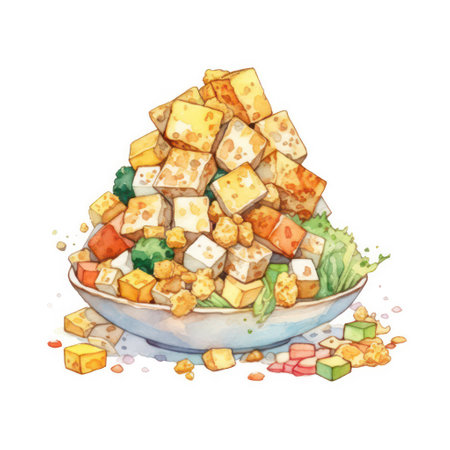 Watercolor illustration of a bowl of tofu salad with sesame seedsの素材