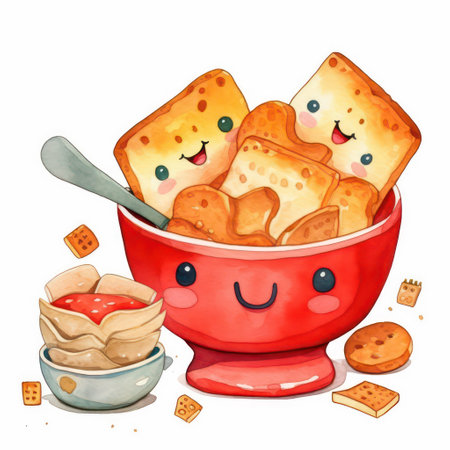 Cute cartoon cheese crackers in a bowl. Vector illustration.の素材