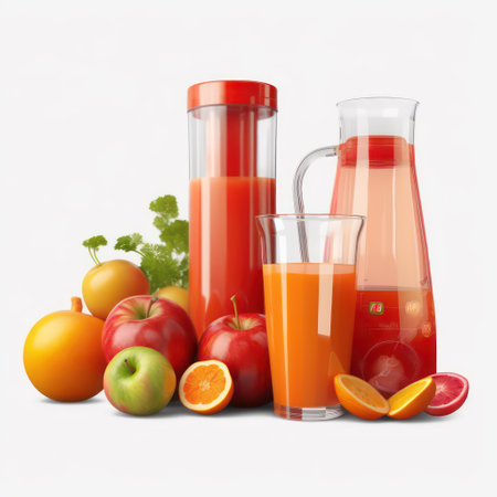 Fresh juice with fruits and vegetables on white background. 3d illustrationの素材