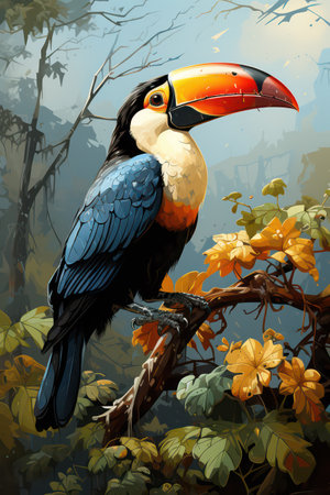 Toucan on the branch in the forest. Illustration.の素材