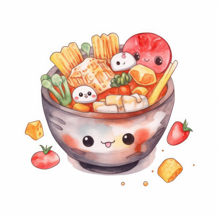 Cute kawaii bowl of oatmeal with fruits and vegetablesの素材