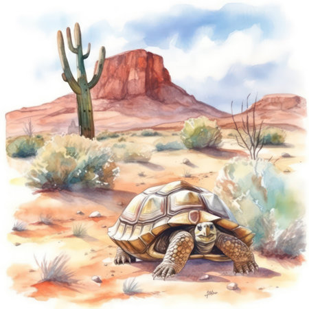 Watercolor illustration of a tortoise in the desert with cactusの素材