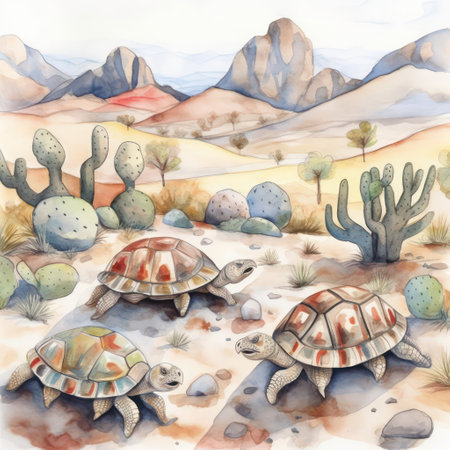 Watercolor illustration of a desert landscape with cactuses and turtlesの素材