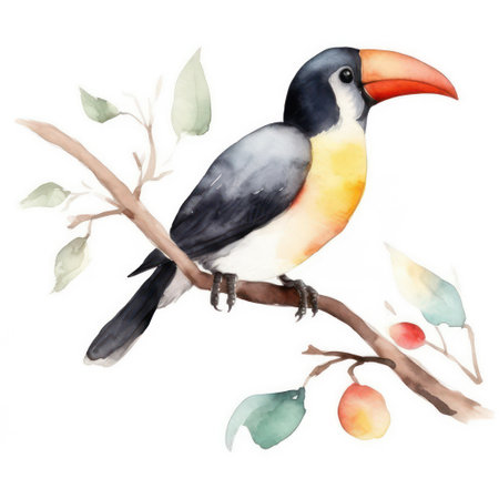 Watercolor toucan bird on a branch. Hand drawn illustration isolated on white background.の素材