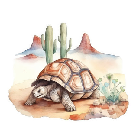 Watercolor illustration of a tortoise in the desert with cactusの素材
