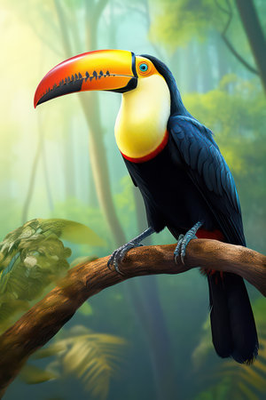 Toucan on a branch in the jungle. 3d renderingの素材