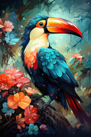Toucan bird on a branch with flowers. Vector illustration.の素材