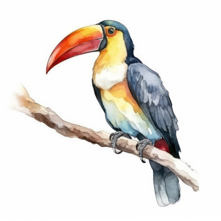 Watercolor toucan isolated on white background. Hand drawn illustration.の素材