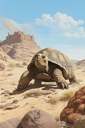 tortoise in the desert of wadi rum desert 3d illustrationの素材