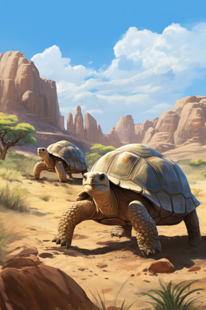 Three giant tortoises in a desert. 3D render.の素材