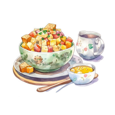 Watercolor illustration of a bowl of salad with tofu, pumpkin and honeyの素材