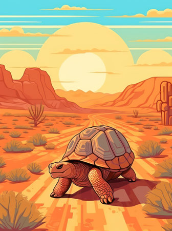 Turtle in the desert at sunset. Vector illustration of a tortoise.の素材