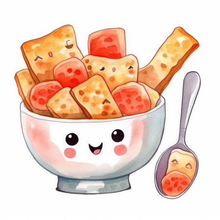 Cute cartoon cheese crackers in a bowl. Watercolor illustrationの素材