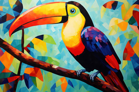 Toucan bird on a branch on a multicolored backgroundの素材