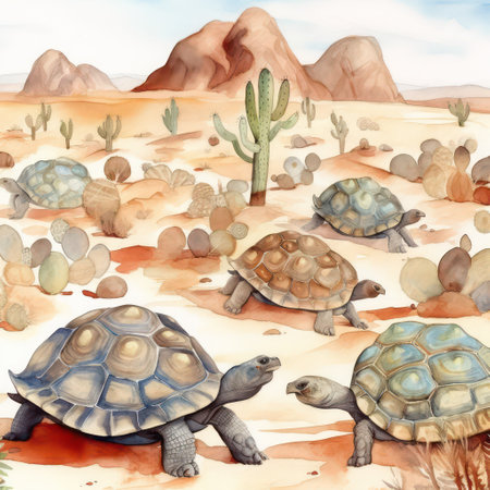Turtles and cactuses in the desert. Watercolor illustrationの素材