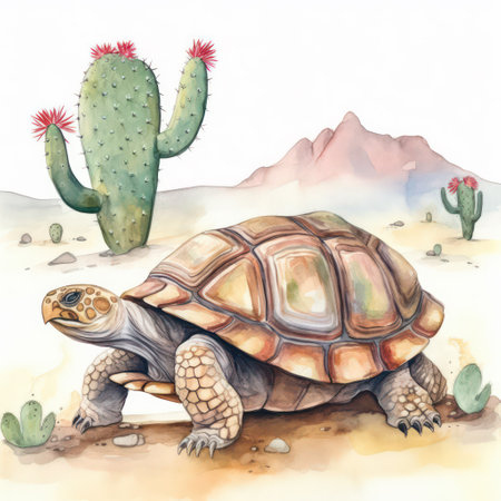 watercolor illustration of a tortoise in the desert with cactusの素材
