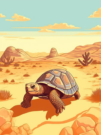 Turtle in the desert. Vector illustration of a cartoon tortoise.の素材
