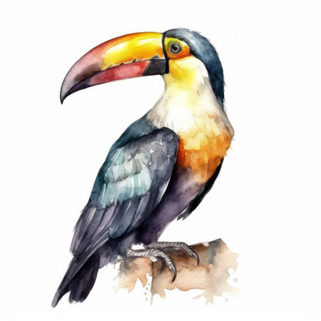 Watercolor toucan isolated on white background. Hand drawn illustration.の素材