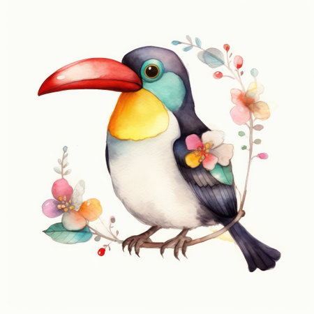 Watercolor toucan with flowers and leaves on a white background.の素材