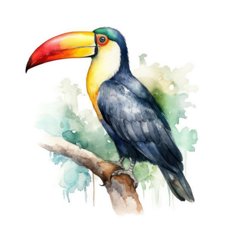 Watercolor toucan isolated on white background. Hand drawn illustration.の素材