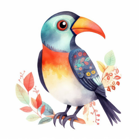 Watercolor toucan bird isolated on white background. Hand drawn vector illustration.の素材