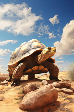 tortoise in the desert on a background of blue sky and cloudsの素材