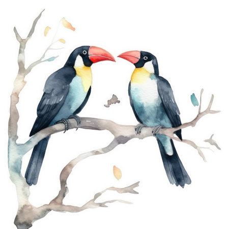 Watercolor toucans on a branch. Hand-drawn illustrationの素材