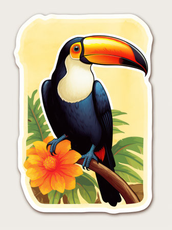 Toucan with flower on the yellow background. Vector illustration.の素材