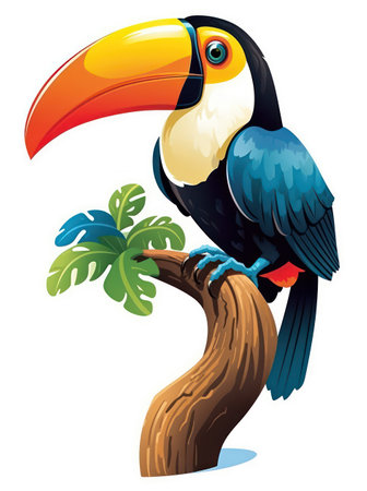 Illustration of a toucan on a tree branch on a white backgroundの素材