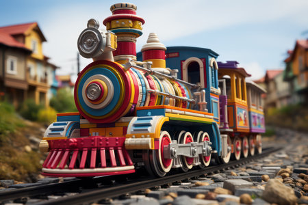 Vintage train toy on the rails. Selective focus and shallow depth of fieldの素材