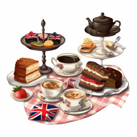 Tea party set with tea, cakes, biscuits and muffins. Vector illustrationの素材