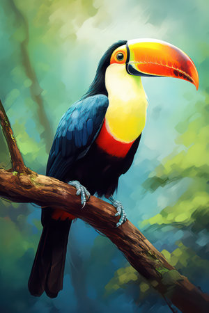 Toucan bird on a branch in the forest. Digital painting.の素材