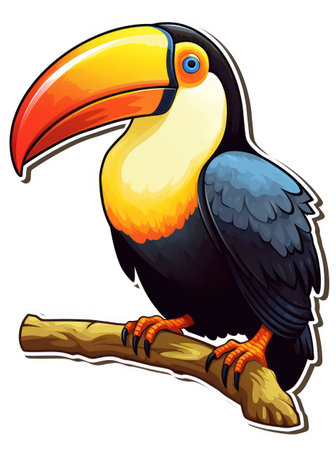 Illustration of a toucan sitting on a branch on a white backgroundの素材